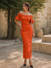 Black 3D Floral Off-The-Shoulder Ankle-Length Gown Dress