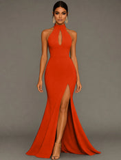 Mermaid Halter Neck Satin Formal Dress with Slit