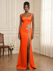 Formal Evening Dress Glamorous Black Square-Neck Crystal Rose Slit Gown