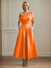 A Line Satin One Shoulder Pleated Ankle Length Mother of the Bride Dress