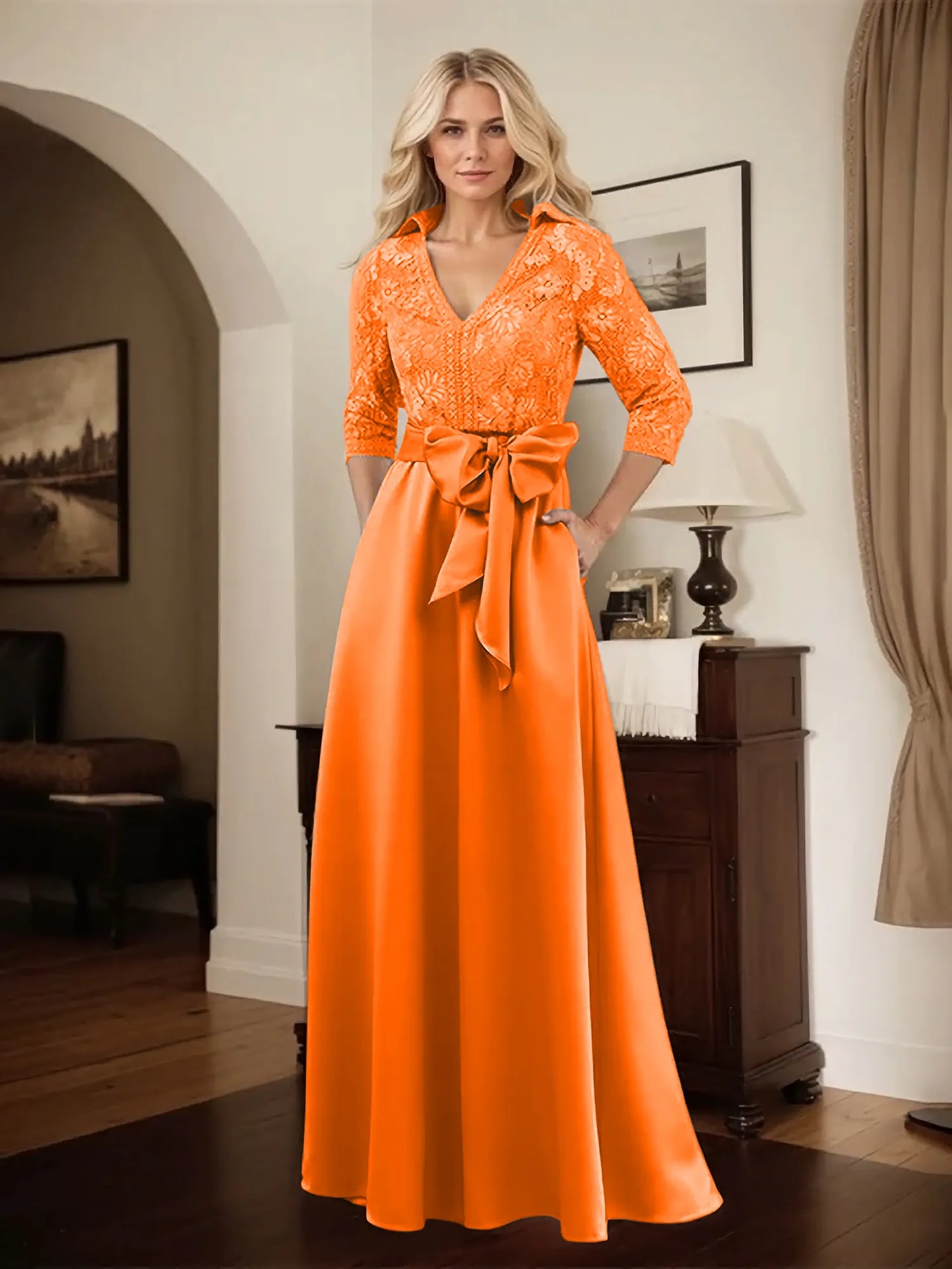 Classic V-Neck Bow Accented Satin Mother Of The Bride Dress With Lace