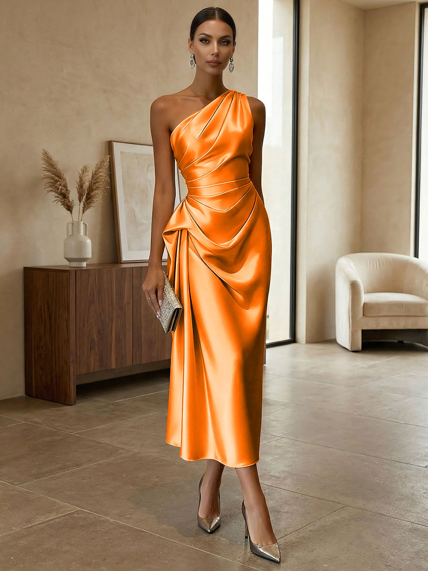 Champagne Ruched Satin One Shoulder Sleeveless Sheath Midi Dress