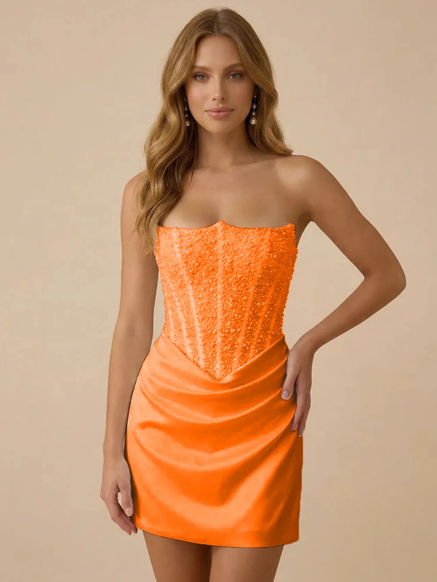 White Strapless Sequin Beaded Satin Short Homecoming Dress with Corset