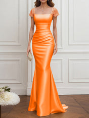 Mother of the Bride Dress Champagne Satin Square Neck Maxi Dress