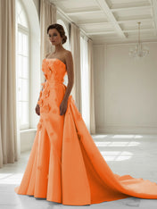 Pink A Line Satin Strapless Prom Dress with 3D Floral Appliques