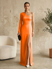 Long Sleeves Black One Shoulder Formal Dress Evening Gown