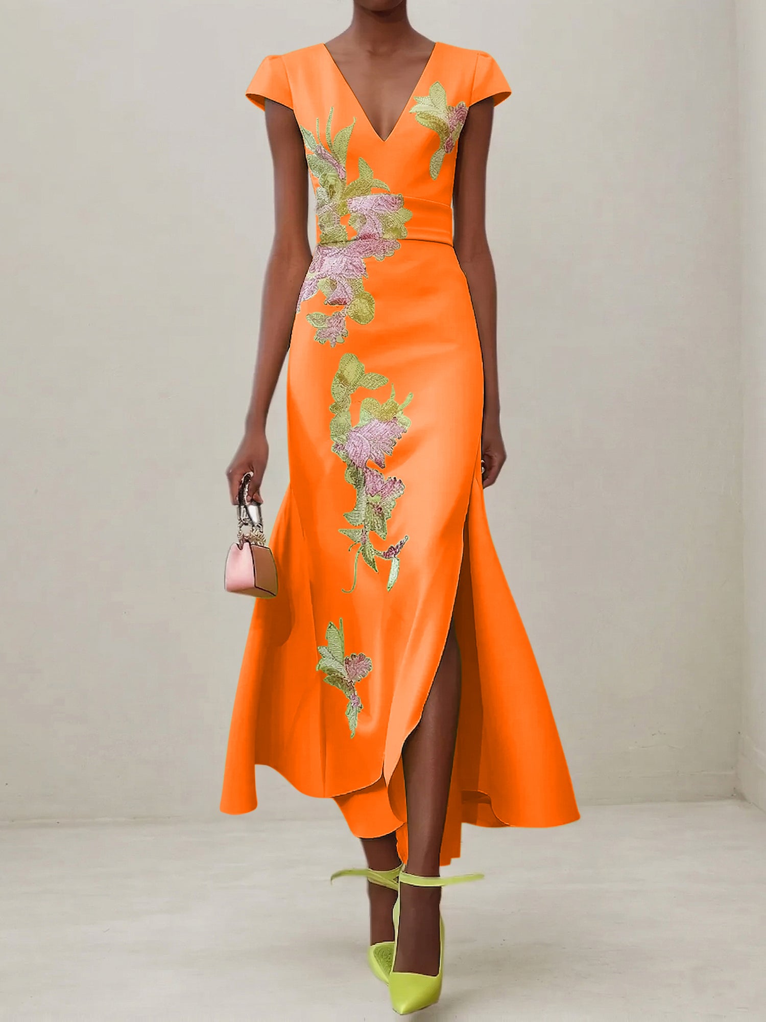 Green Floral V Neck Embroidered Cap Sleeve Slit Sheath Maxi Dress