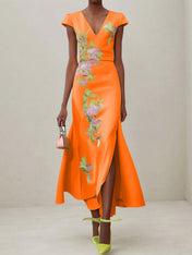 Green Floral V Neck Embroidered Cap Sleeve Slit Sheath Maxi Dress
