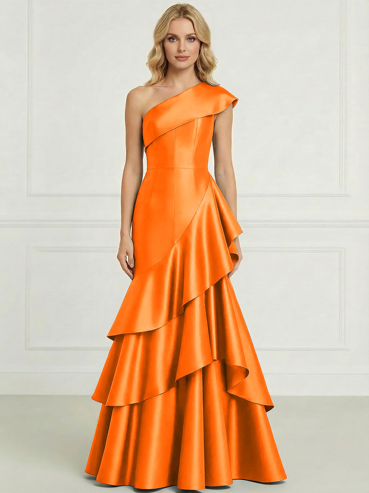 Formal Evening Dress Dark Blue One-Shoulder Satin Tiered Maxi Gown