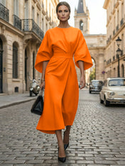 Loose Batwing Sleeve Dress Tight Waist Solid Color Elegant Dresses