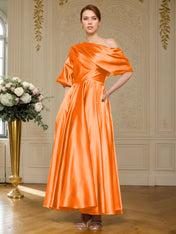 A-line Short Sleeves Pleated Ankle-Length Silk like Satin Mother of the Bride Dress