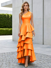 One Shoulder Tiered Ruffle Satin Mermaid Evening Gown with Sculptural Layers