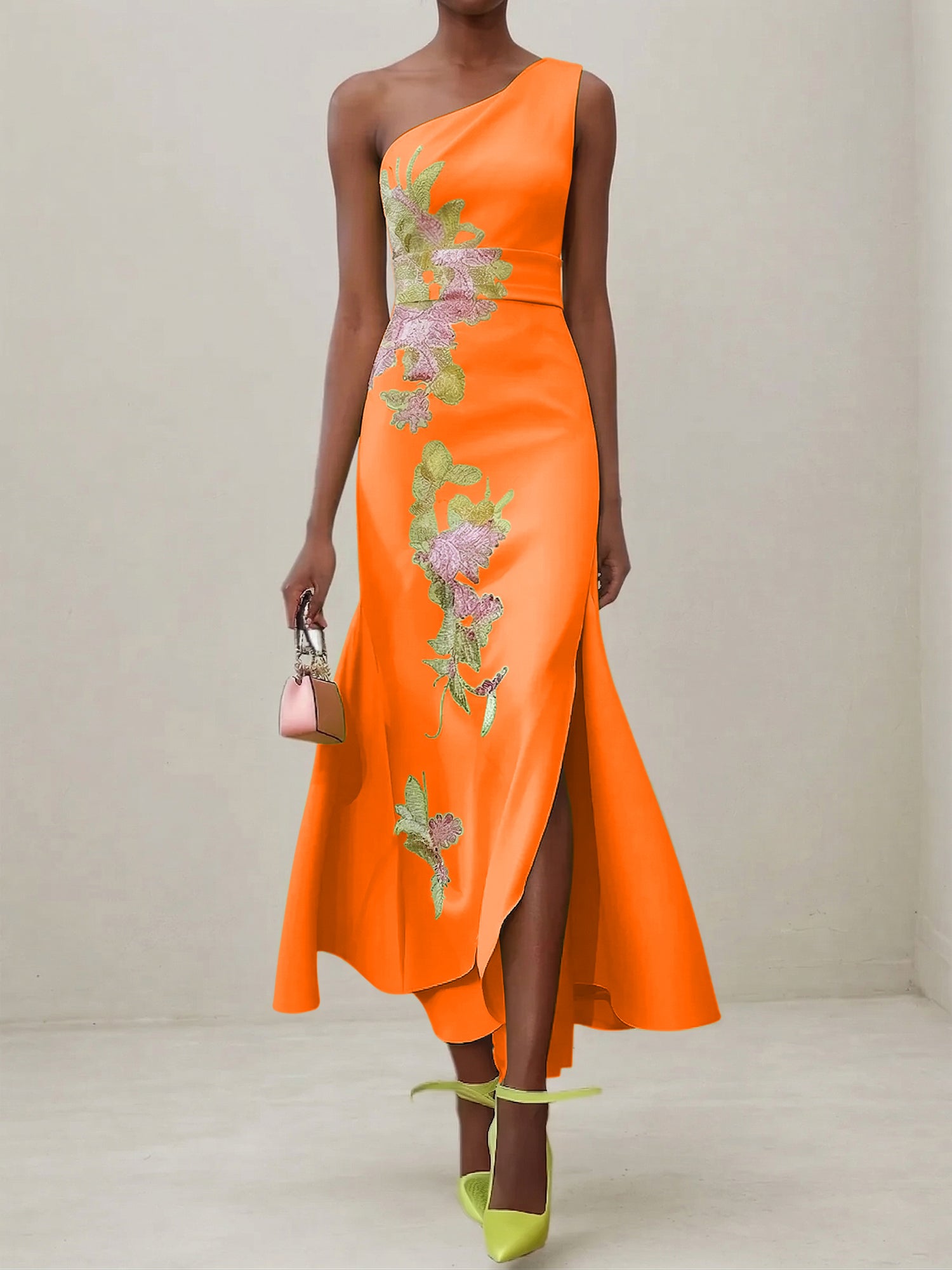 Green Floral One Shoulder Embroidered Cap Sleeve Slit Sheath Maxi Dress