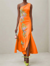 Green Floral One Shoulder Embroidered Cap Sleeve Slit Sheath Maxi Dress