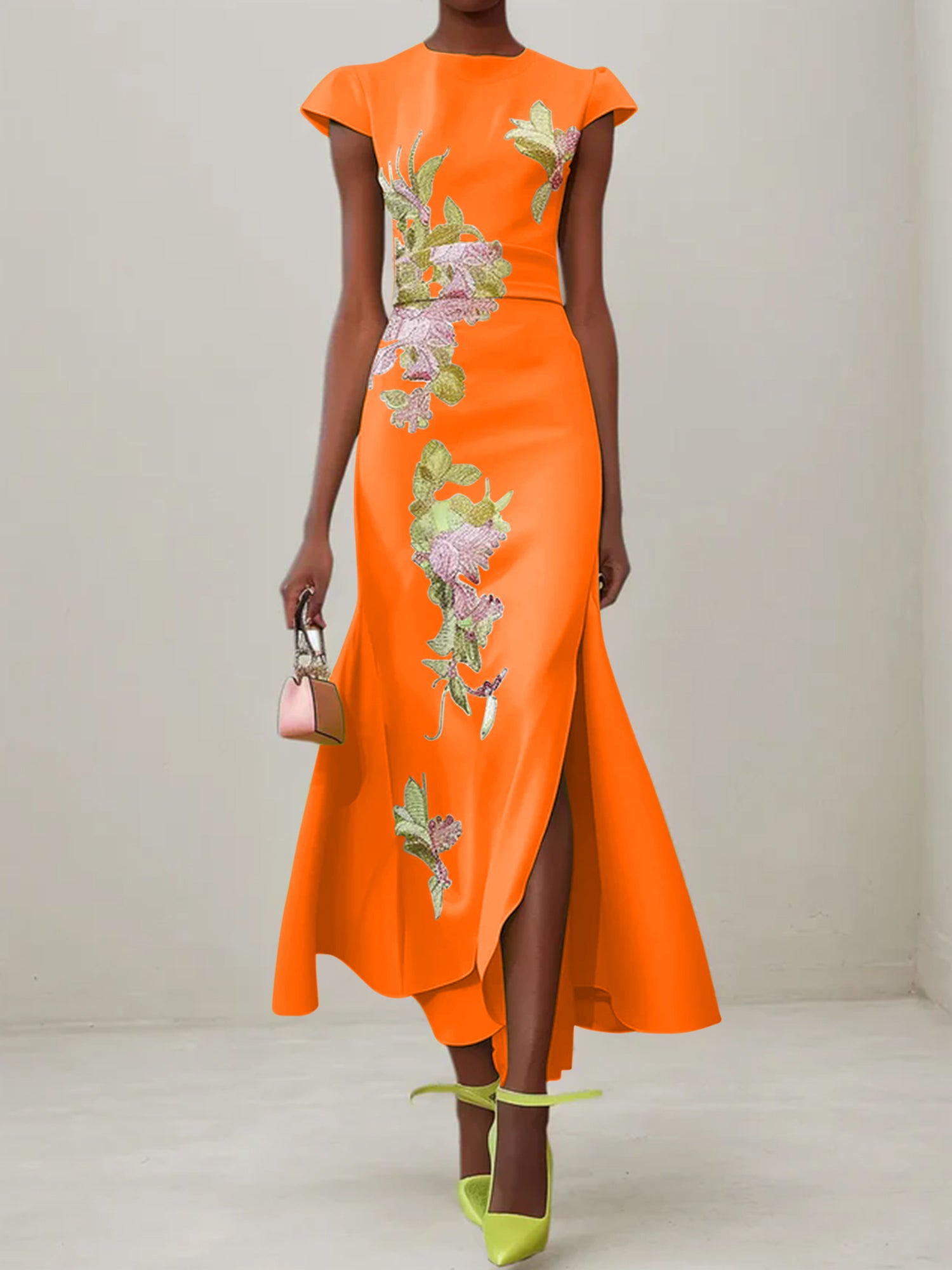 Green Floral Embroidered Cap Sleeve Slit Sheath Maxi Dress