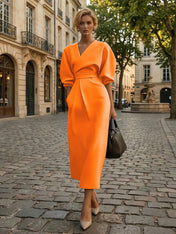 Sophisticated Camel V-Neck Balloon Sleeve Midi Dress Evening Gown