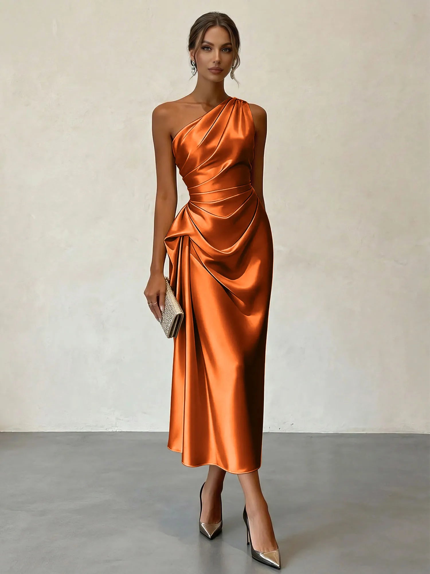 Champagne Ruched Satin One Shoulder Sleeveless Sheath Midi Dress
