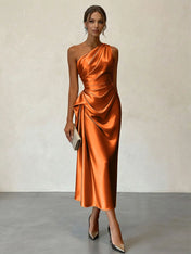 Champagne Ruched Satin One Shoulder Sleeveless Sheath Midi Dress