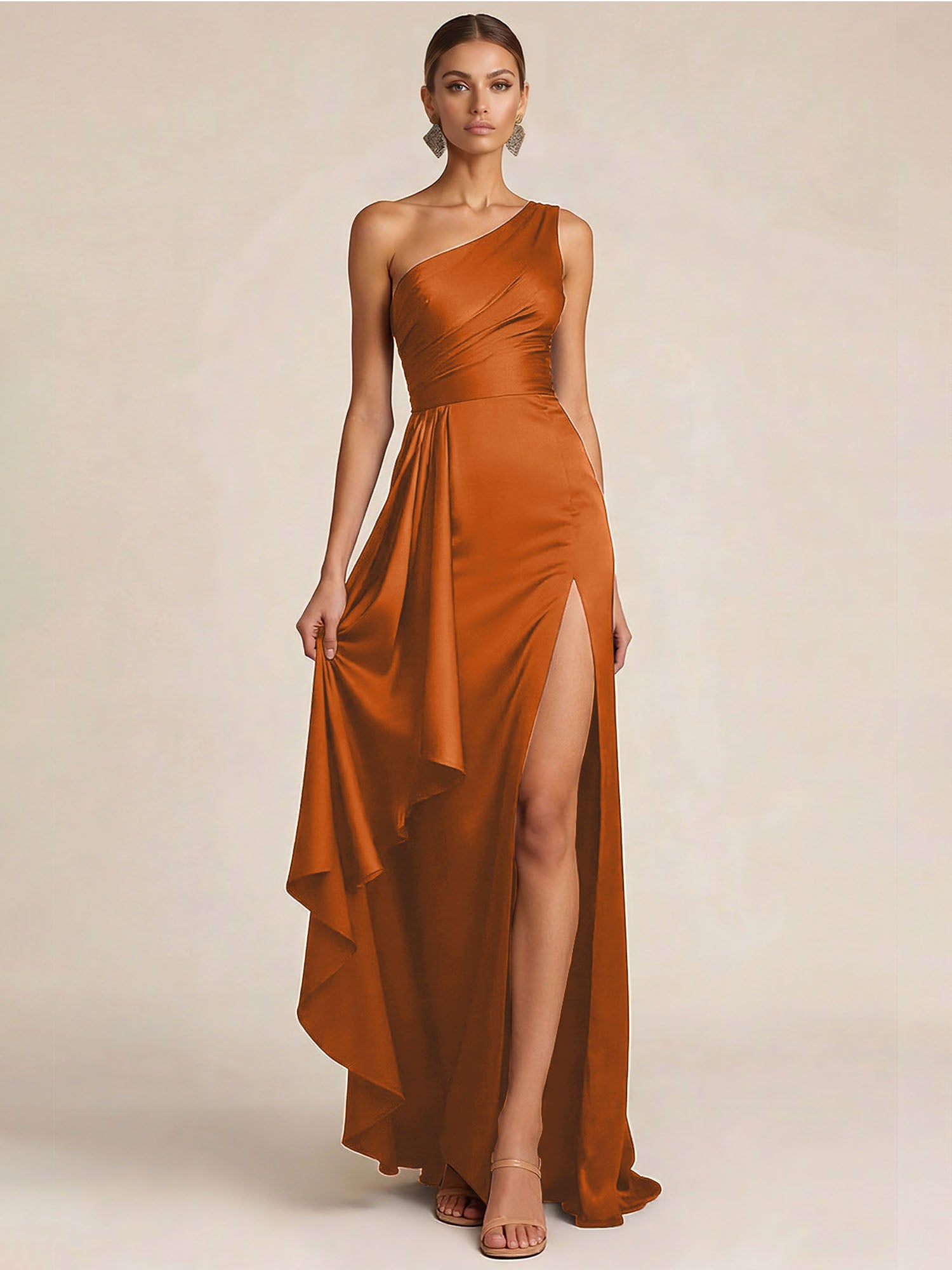 Sleek Foraml Evening Gown Midnight Navy One-Shoulder Satin Slit Maxi Dress