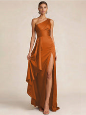 Sleek Foraml Evening Gown Midnight Navy One-Shoulder Satin Slit Maxi Dress