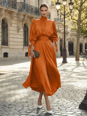 Sophisticated Emerald Green Satin High-Neck Midi Dress Gown