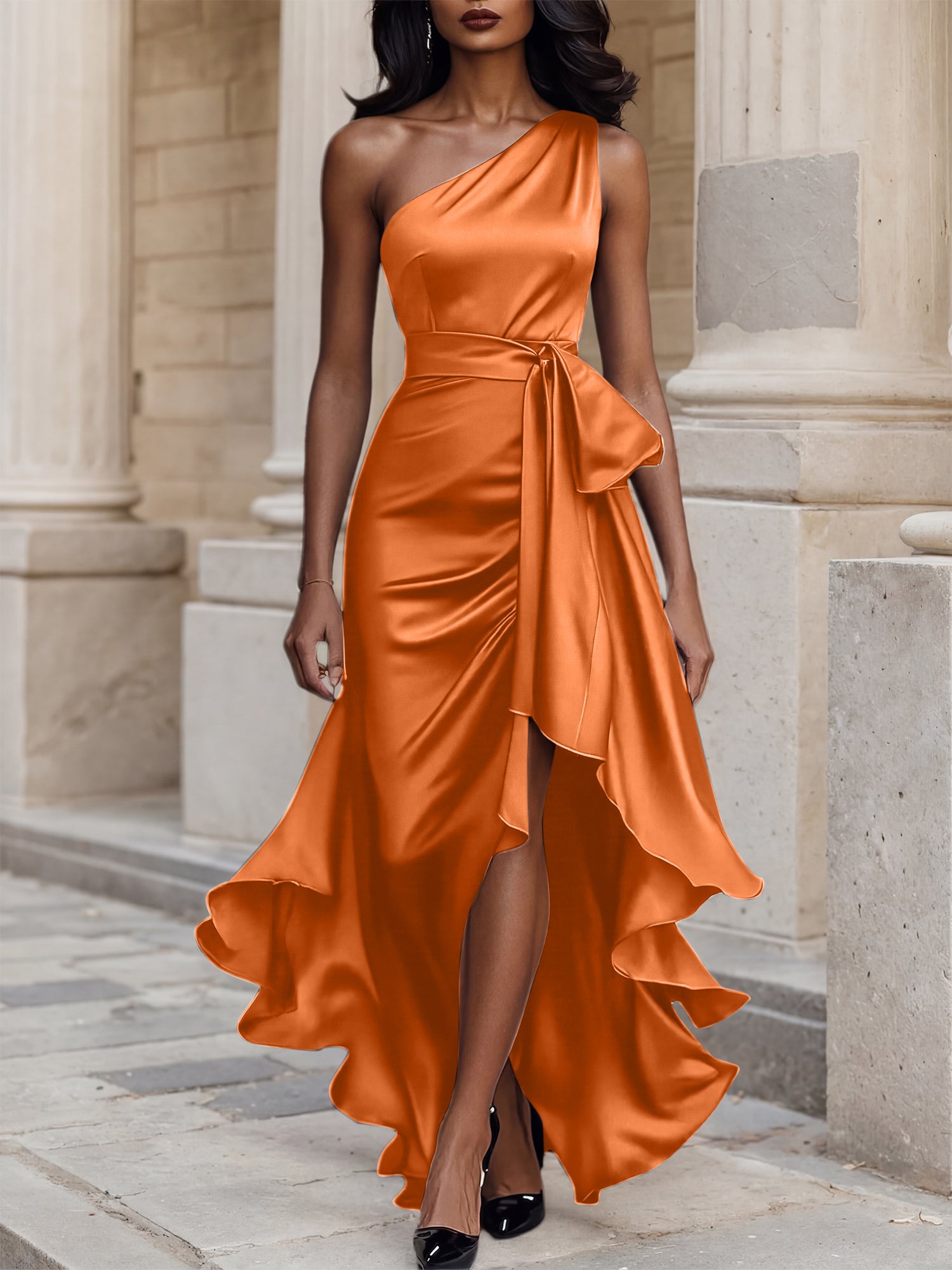 Glamorous Formal Dress Midnight Navy One Shoulder High-Low Satin Gown Midi Dress