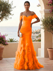 Sweetheart Tulle Off the Shoulder Pleat Mermaid Evening Dresses with 3D Flower