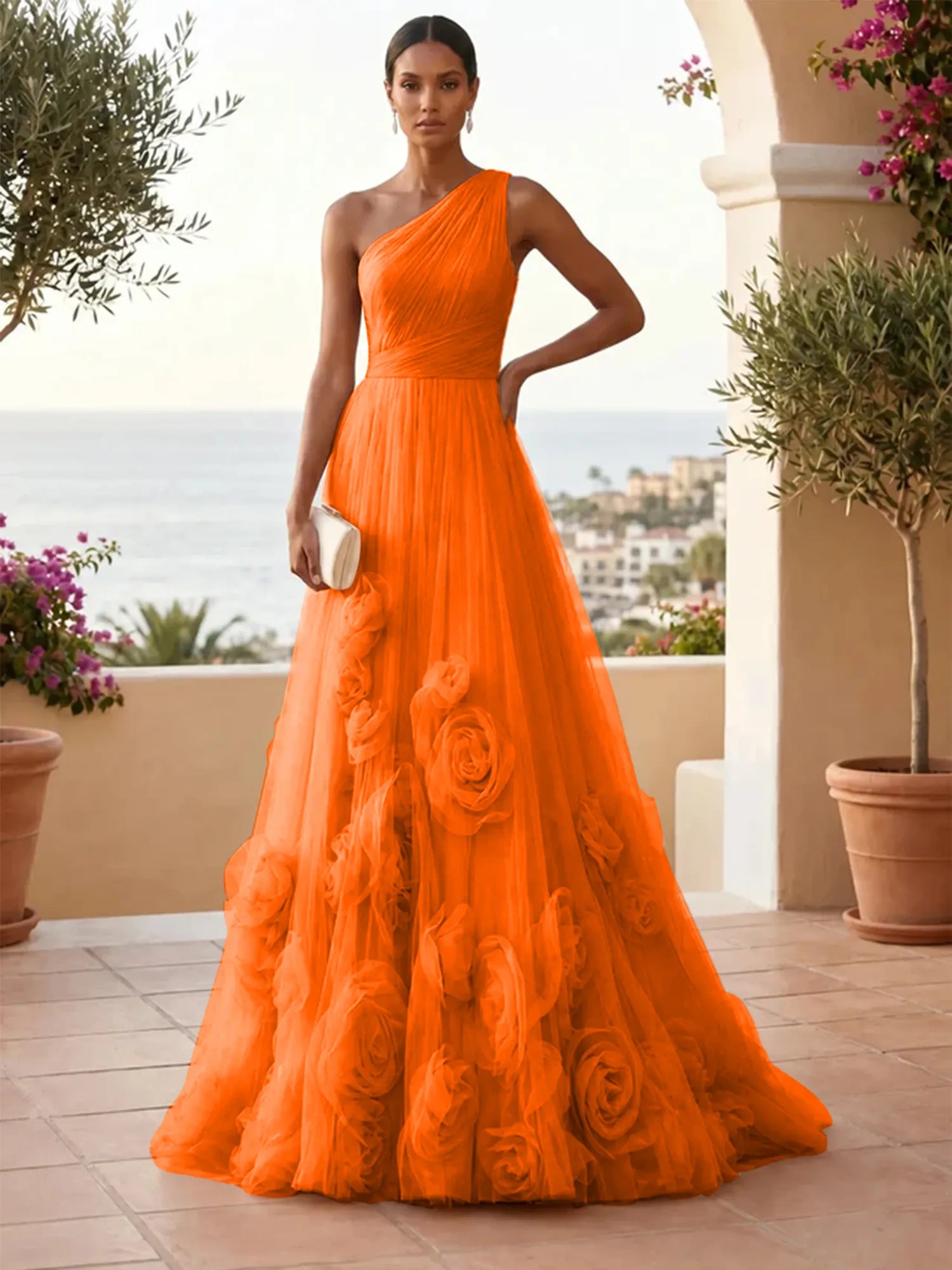 One-Shoulder Sweetheart Tulle Ball Gown with 3D Floral Accents Evening Dresses