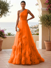 One-Shoulder Sweetheart Tulle Ball Gown with 3D Floral Accents Evening Dresses