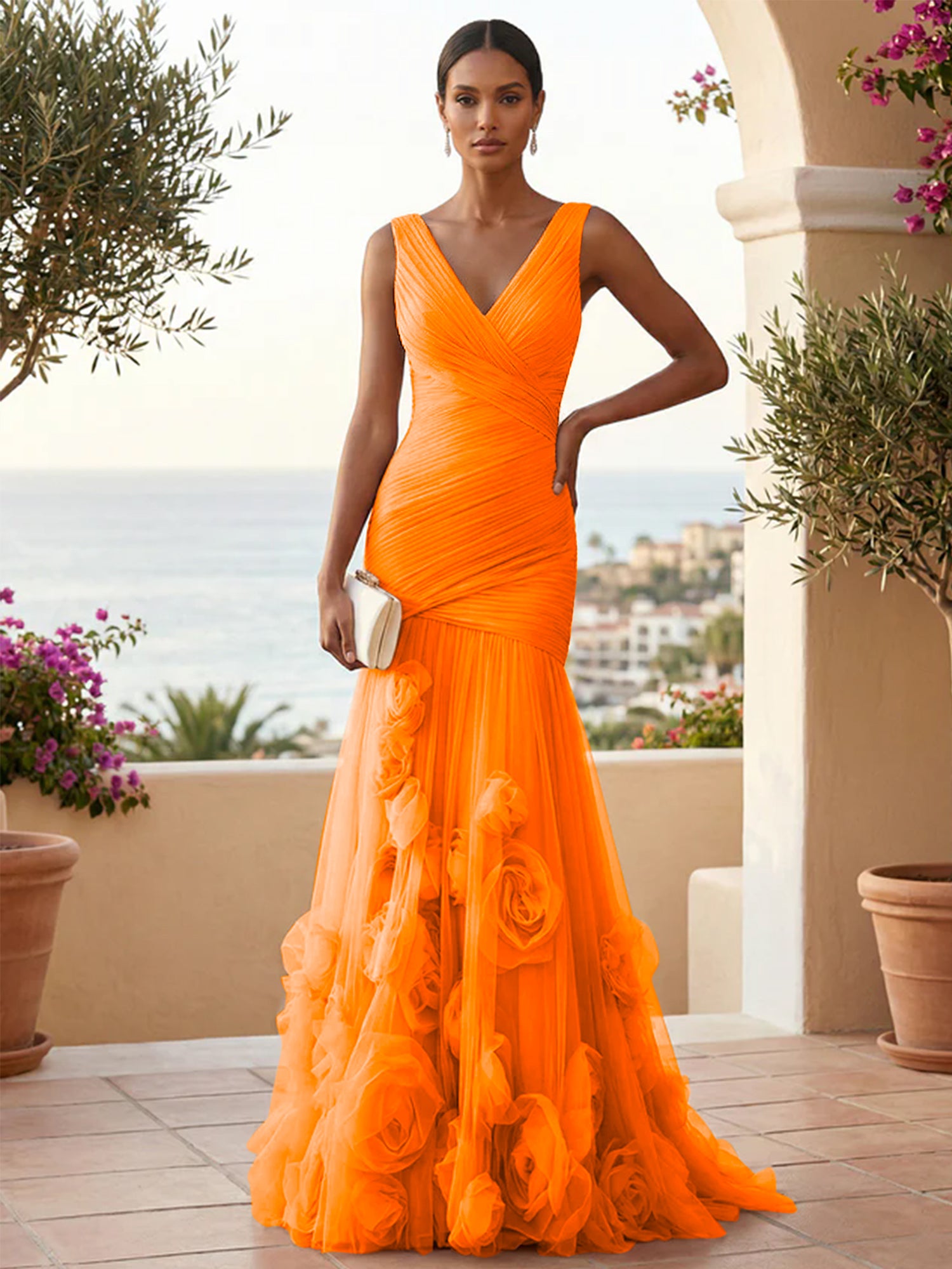 Sweetheart Tulle V Neck Pleat Mermaid Evening Dresses with 3D Flower