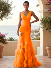 Sweetheart Tulle V Neck Pleat Mermaid Evening Dresses with 3D Flower