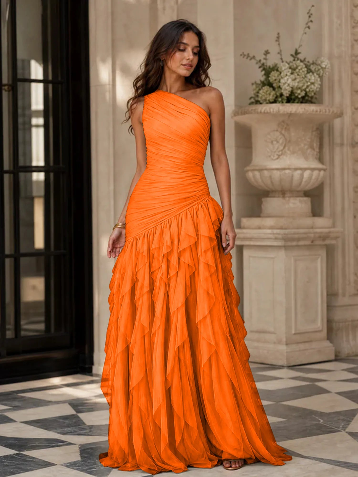 Emerald Green One-Shoulder Ruched Asymmetric Ruffle Chiffon Floor-Length Gown Dress