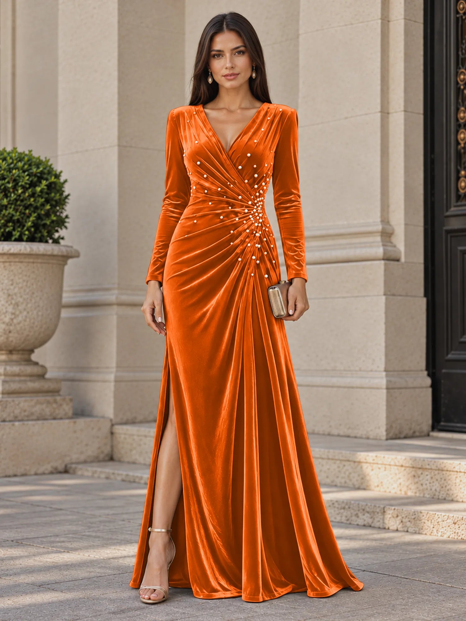 V-Neck Pearl Ruched Burgundy Velvet Floor-Length Evening Dresses with Long Sleeves