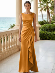 Dusty Blue Scoop Neck Evening Dress with Ruffle Mermaid Maxi Dress