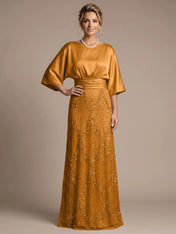 Bateau Neck Satin Evening Gown with 3/4 Batwing Sleeves Mother of The Bride Dresses