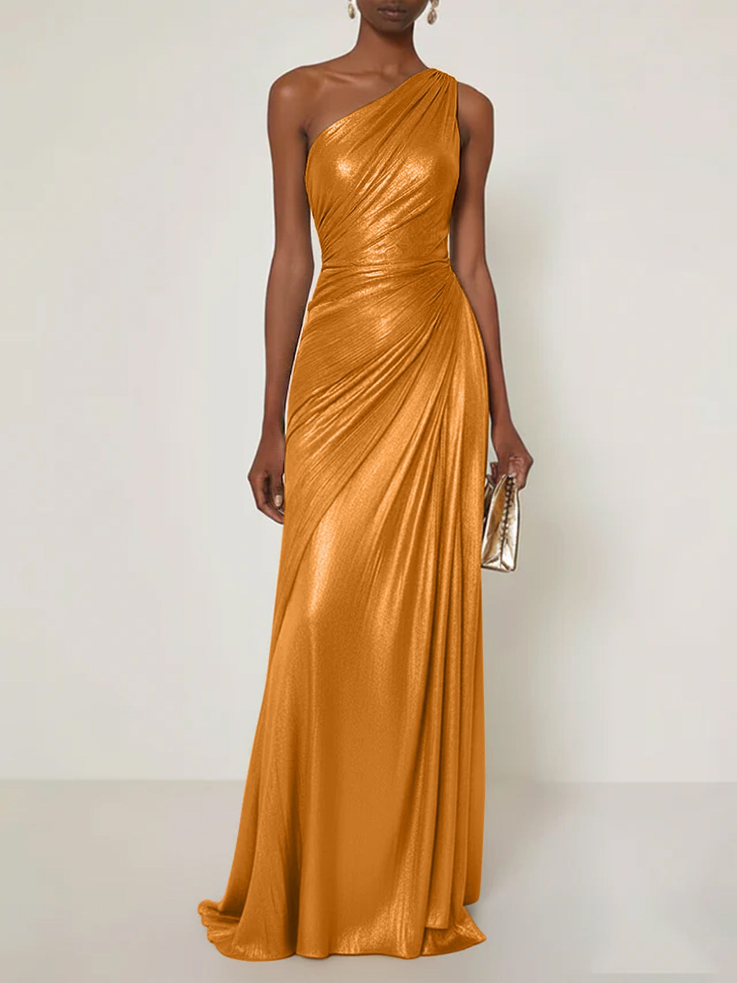 Evening Formal Dress One Shoulder Silk Ruffles Maxi Dress