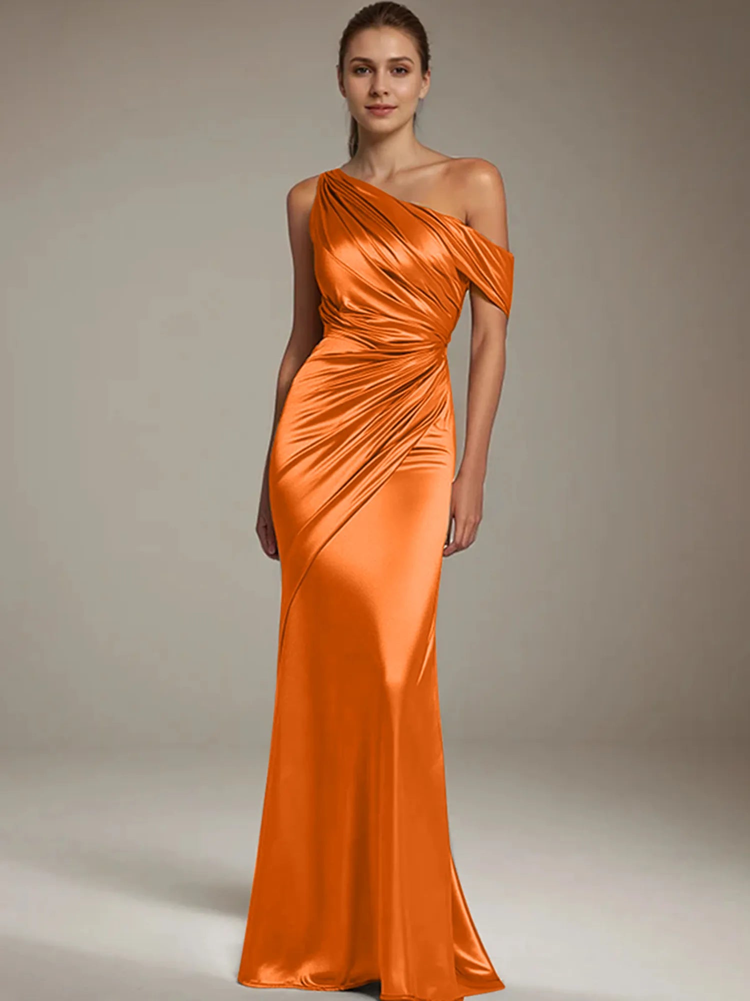 Formal Party Satin Dress Silver One-Shoulder Pleated  Floor-Length Dress