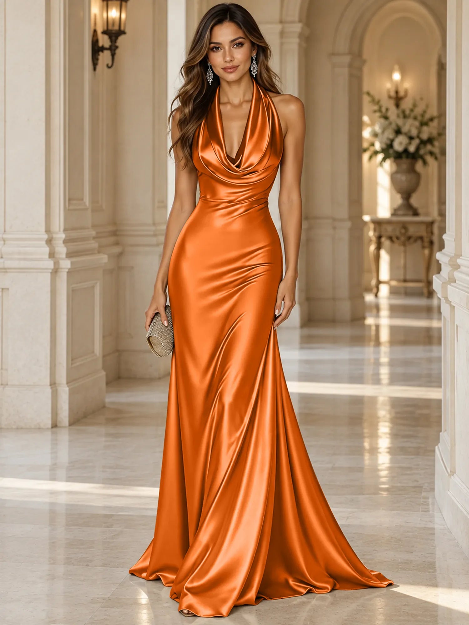 Elegant and Luxurious Cowl-neck Champagne Gold Satin Maxi Dress