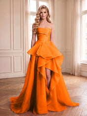 Formal Evening Tiered Dress Pink Strapless Maxi Gown