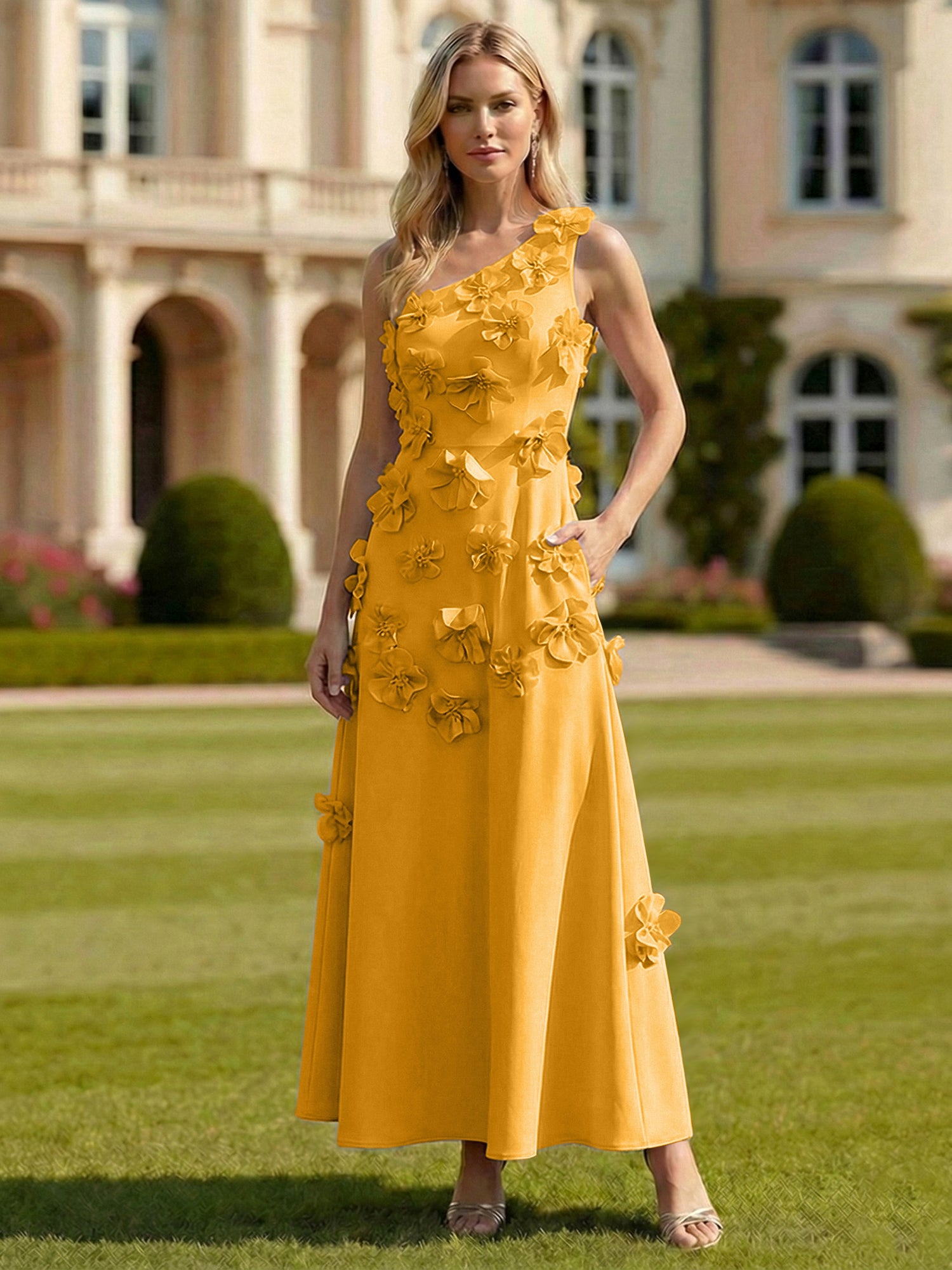 A Line One Shoulder Sleeveless Floor Length Stretch Crepe Dress With 3D Flowers