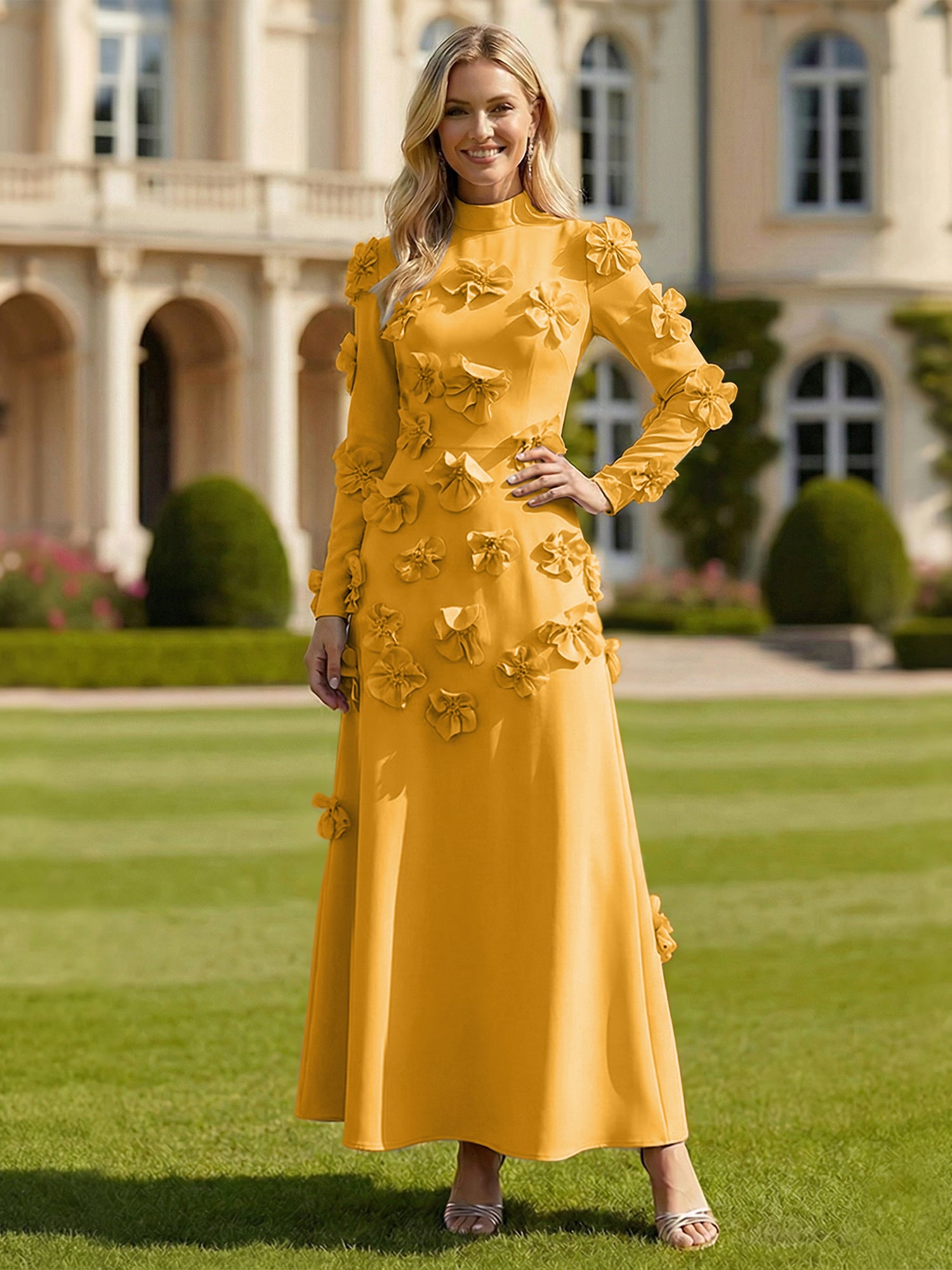 A Line High Neck Long Sleeves Stretch Crepe Dress With 3D Flowers