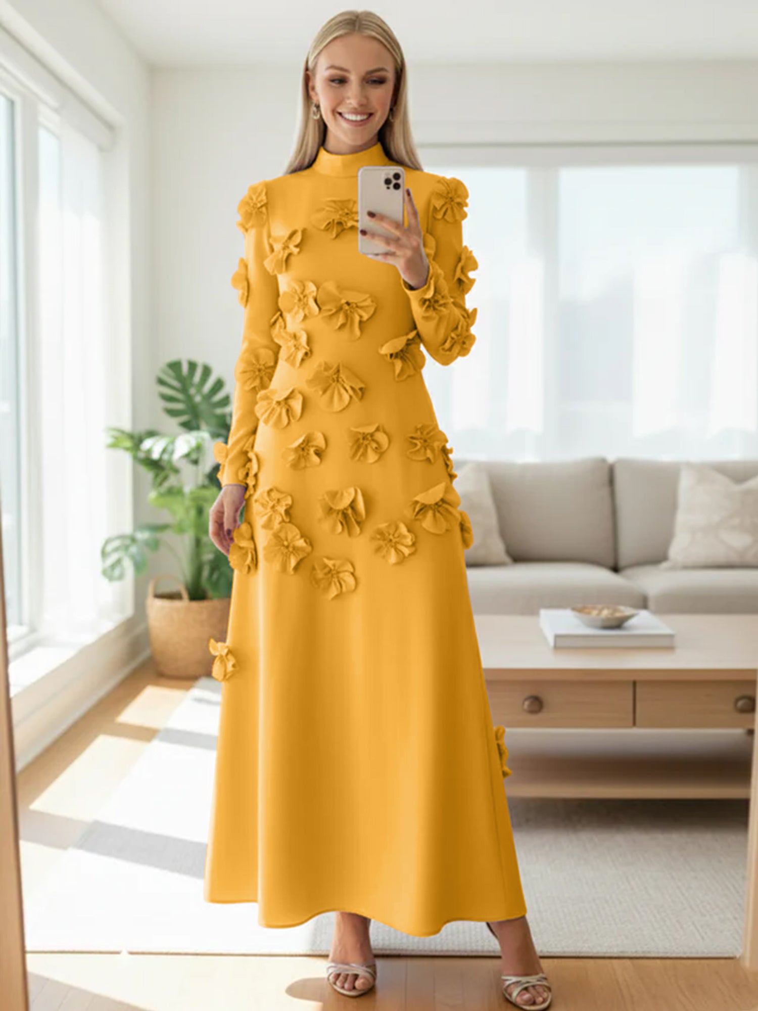 A Line High Neck Long Sleeves Floor Length Stretch Crepe Dress With 3D Flowers