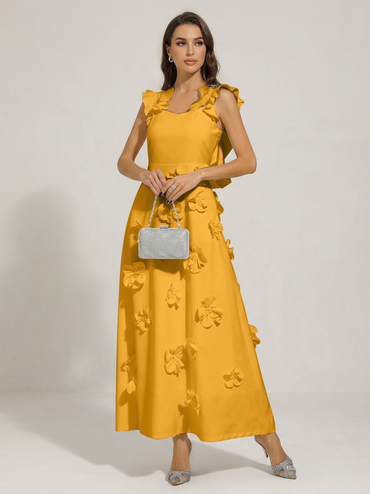 Chic White 3D Flowers A-Line Floor Length Stretch Crepe Dress with Pockets Maxi Dress