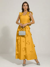 Chic White 3D Flowers A-Line Floor Length Stretch Crepe Dress with Pockets Maxi Dress