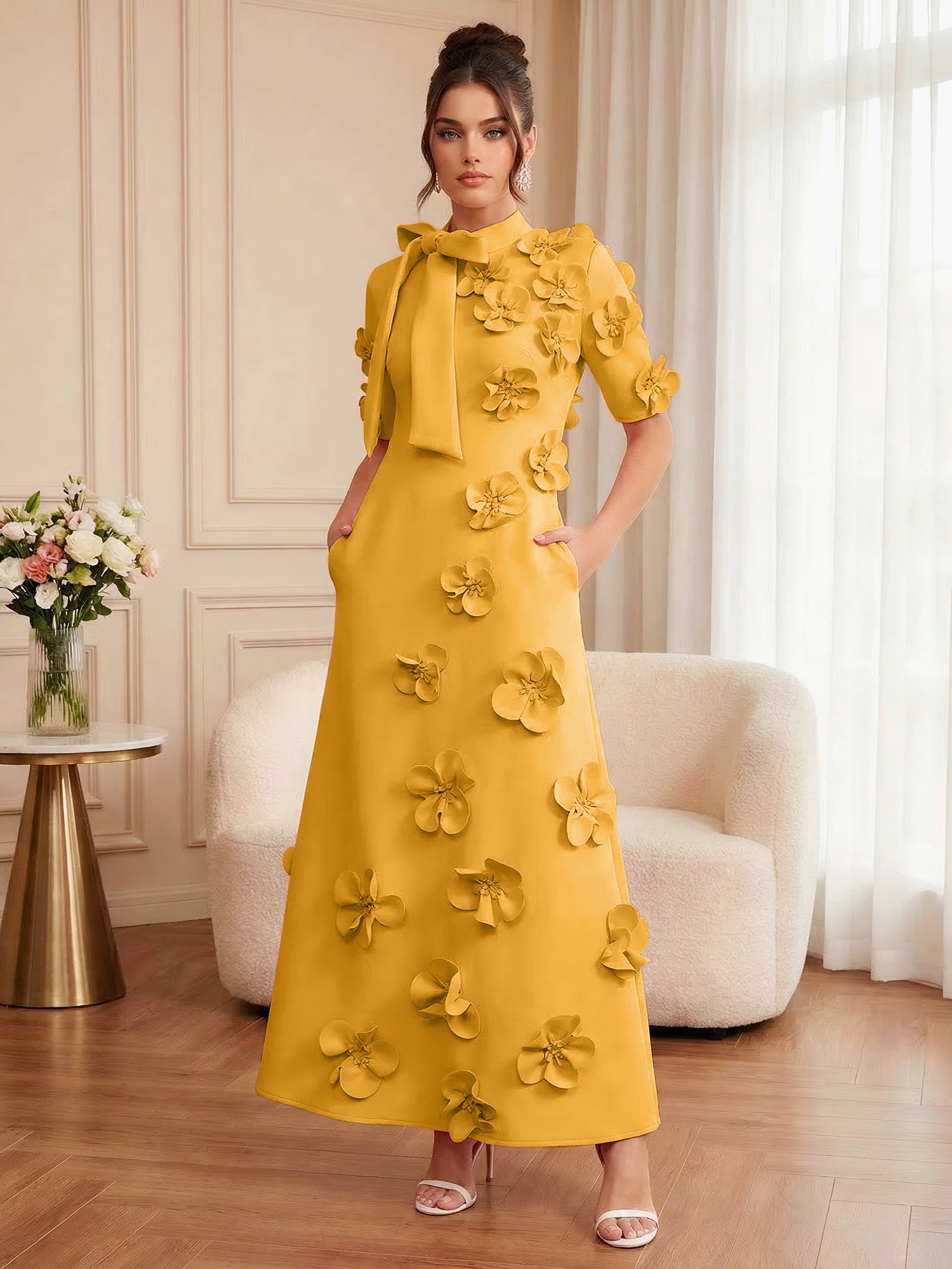 Pink Short Sleeve 3D Floral Maxi Dress Gown