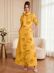 Pink Short Sleeve 3D Floral Maxi Dress Gown