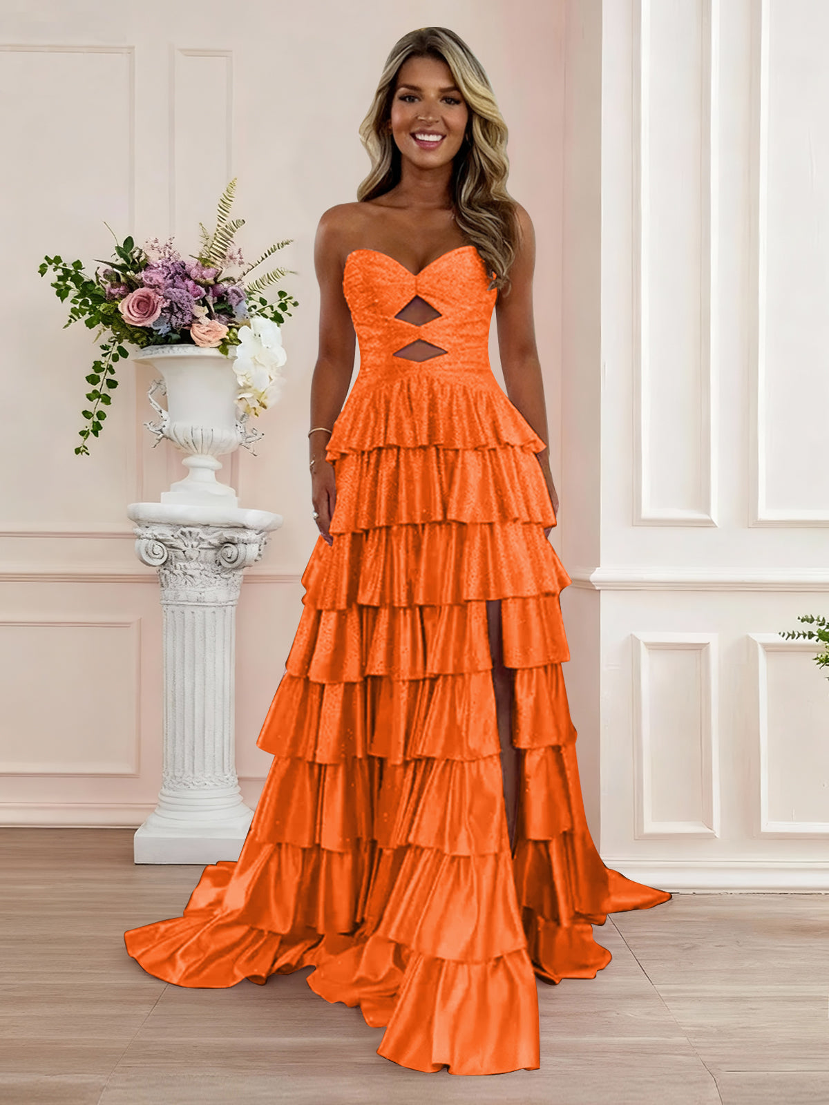 A Line Strapless Sweetheart Satin Prom Dress with Keyhole