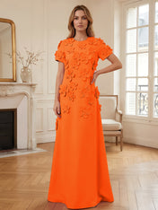 Short Sleeve Crew Neck A-Line Gown with 3D Floral Appliques Evening Dresses