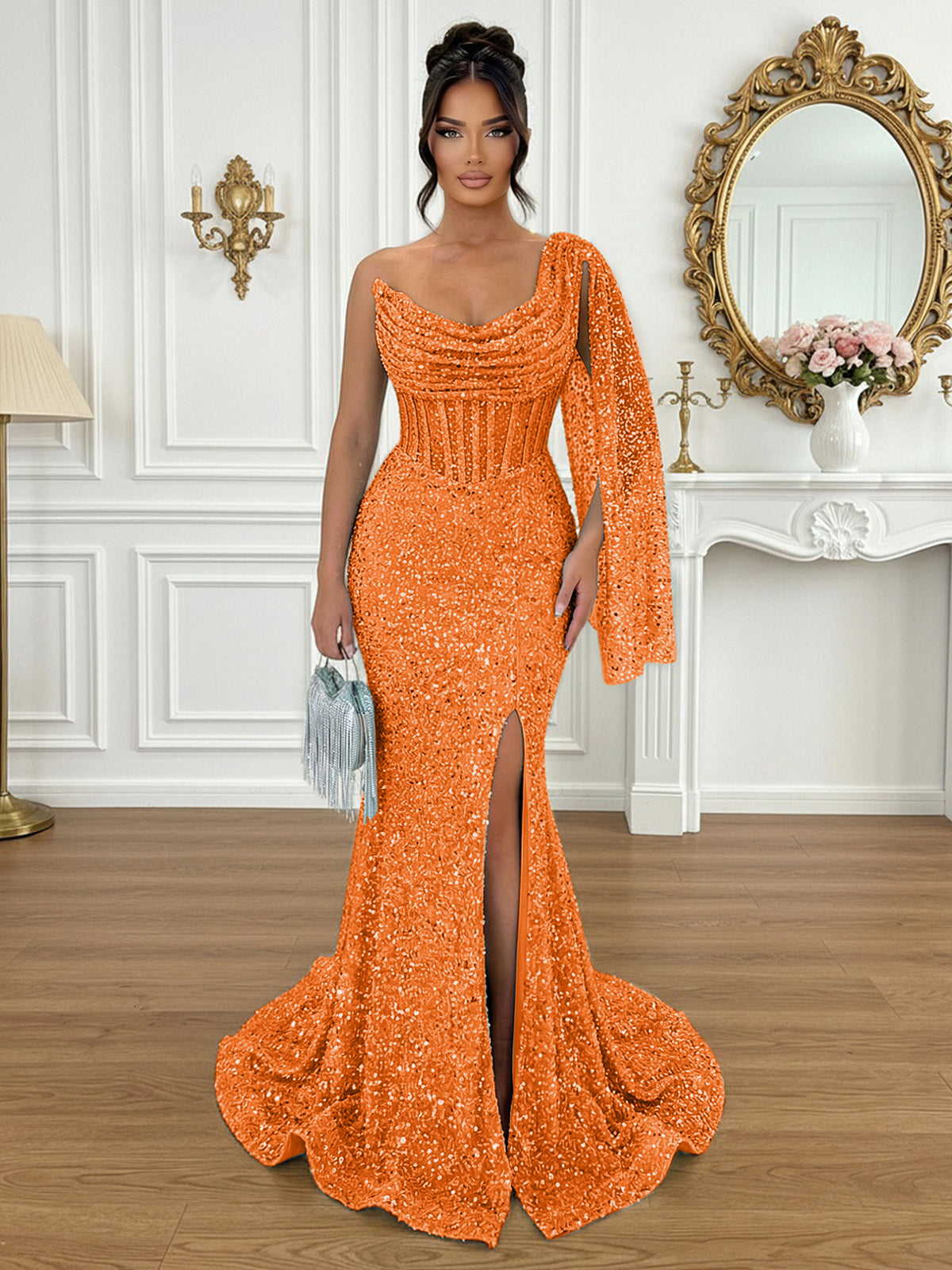 Glamorous Ice Blue One-Shoulder Sequin Corset Mermaid Prom Dresses with Slit