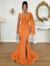 Glamorous Ice Blue One-Shoulder Sequin Corset Mermaid Prom Dresses with Slit